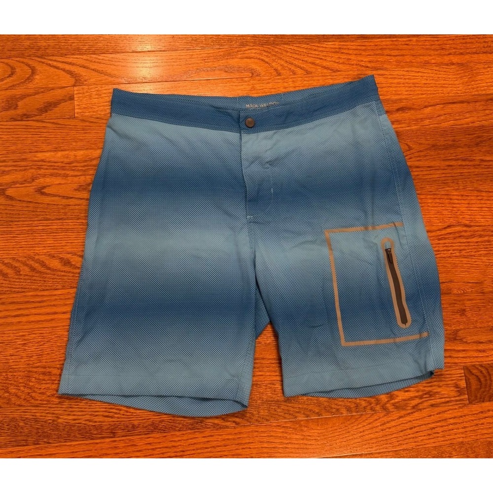 Mack Weldon‎ Board Shorts Swim Trunks Mens 36 Blue Ombre Dot Pattern Zip Pockets